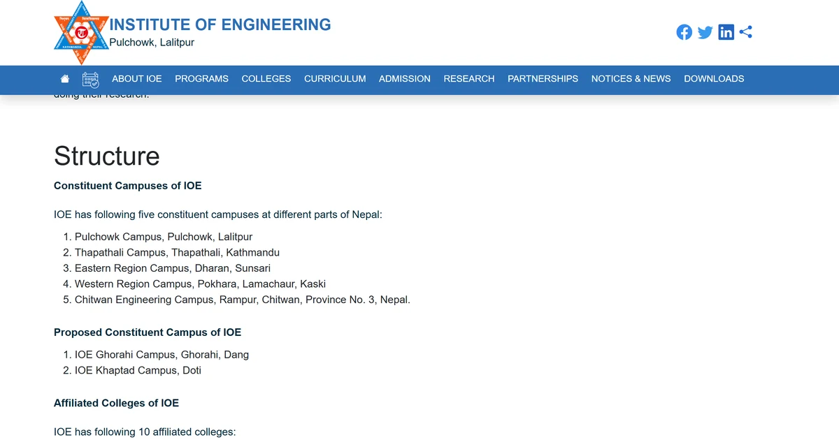 IOE structure page: five constituent campuses, two proposed campuses at Ghorahi and Doti, then the ten affiliated colleges.