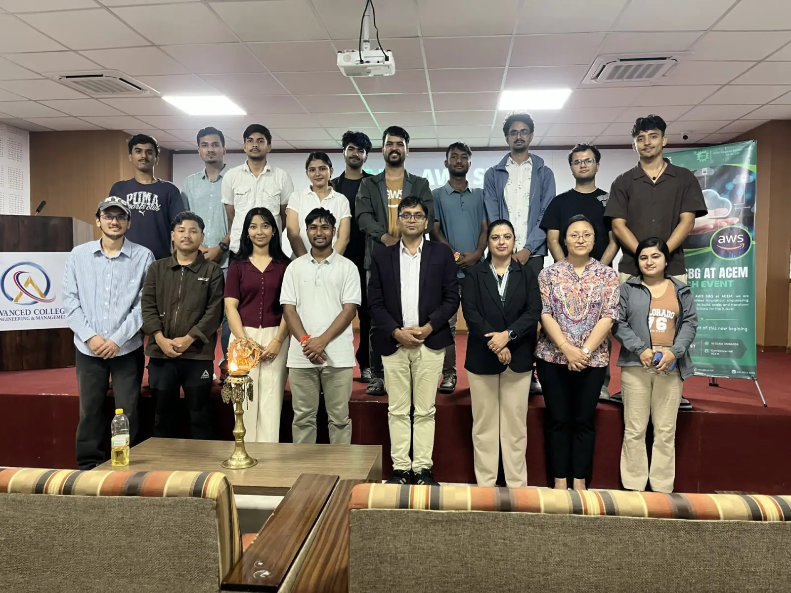 A group photographed in the college hall at the launch of a student cloud-computing group