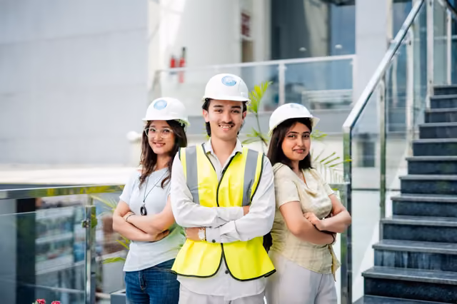 Three students in hard hats, one in a hi-vis jacket, on the steps of a glass-fronted building