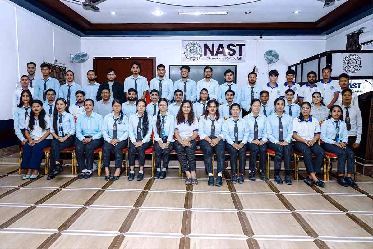 The cohort the academy labels BE Civil, about fifty students in uniform in the same hall