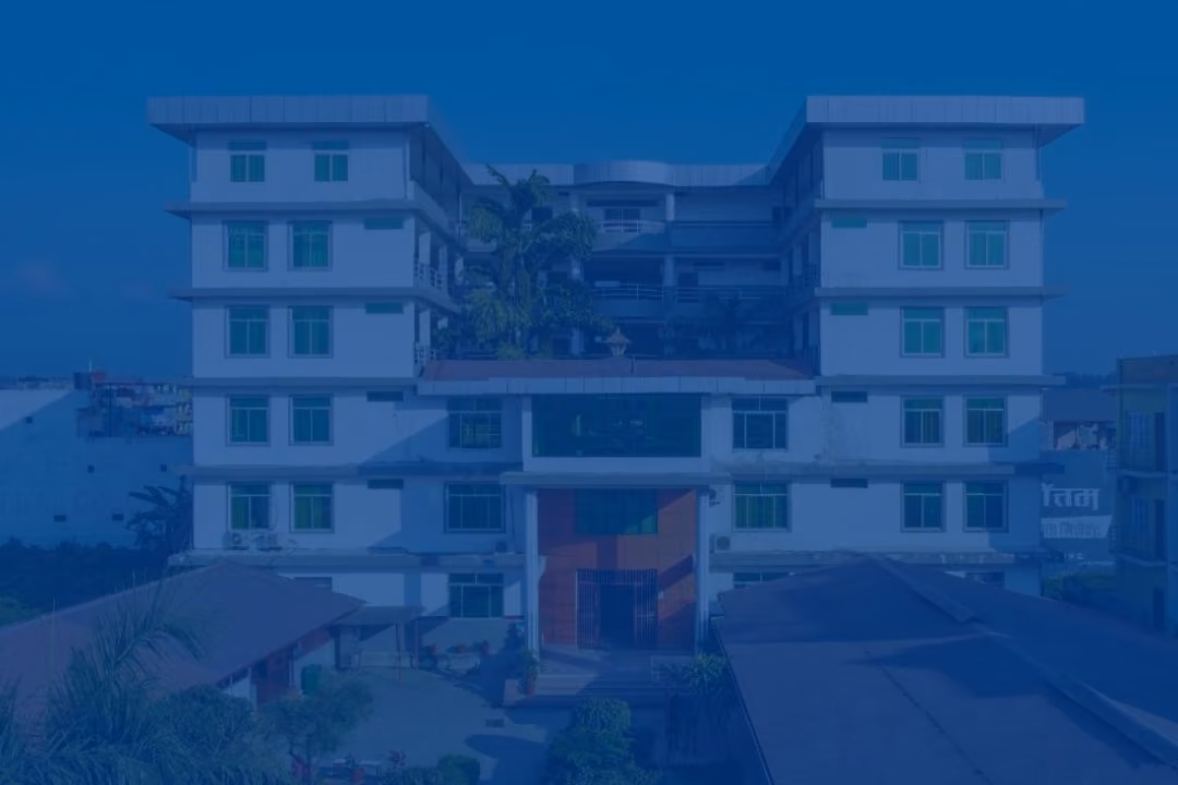The college's four-storey block behind its gate, published under a blue colour wash